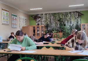 Uczniowie siedzą w ławkach lekcyjnych i rozwiązują zadanie otwarte dotyczące kalkulacji wycieczki podczas II etapu eliminacji