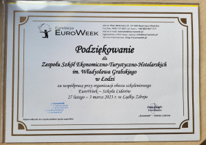 Podziękowanie dla szkoły za współpracę z Fundacją Euroweek